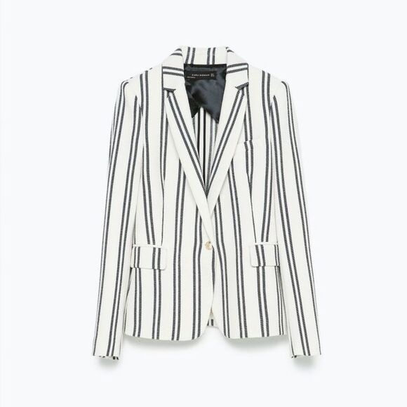 Zara Woman Striped Textured Single Button Blazer in Ivory and Navy size Small - Picture 12 of 14